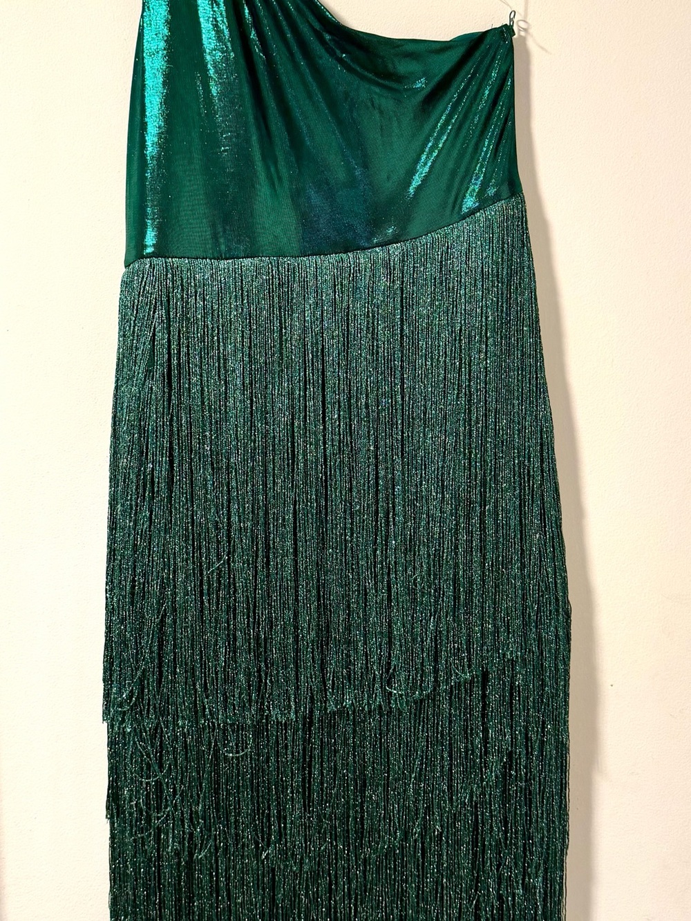 Shimmering Emerald Green Fringe Maxi One Shoulder Dress